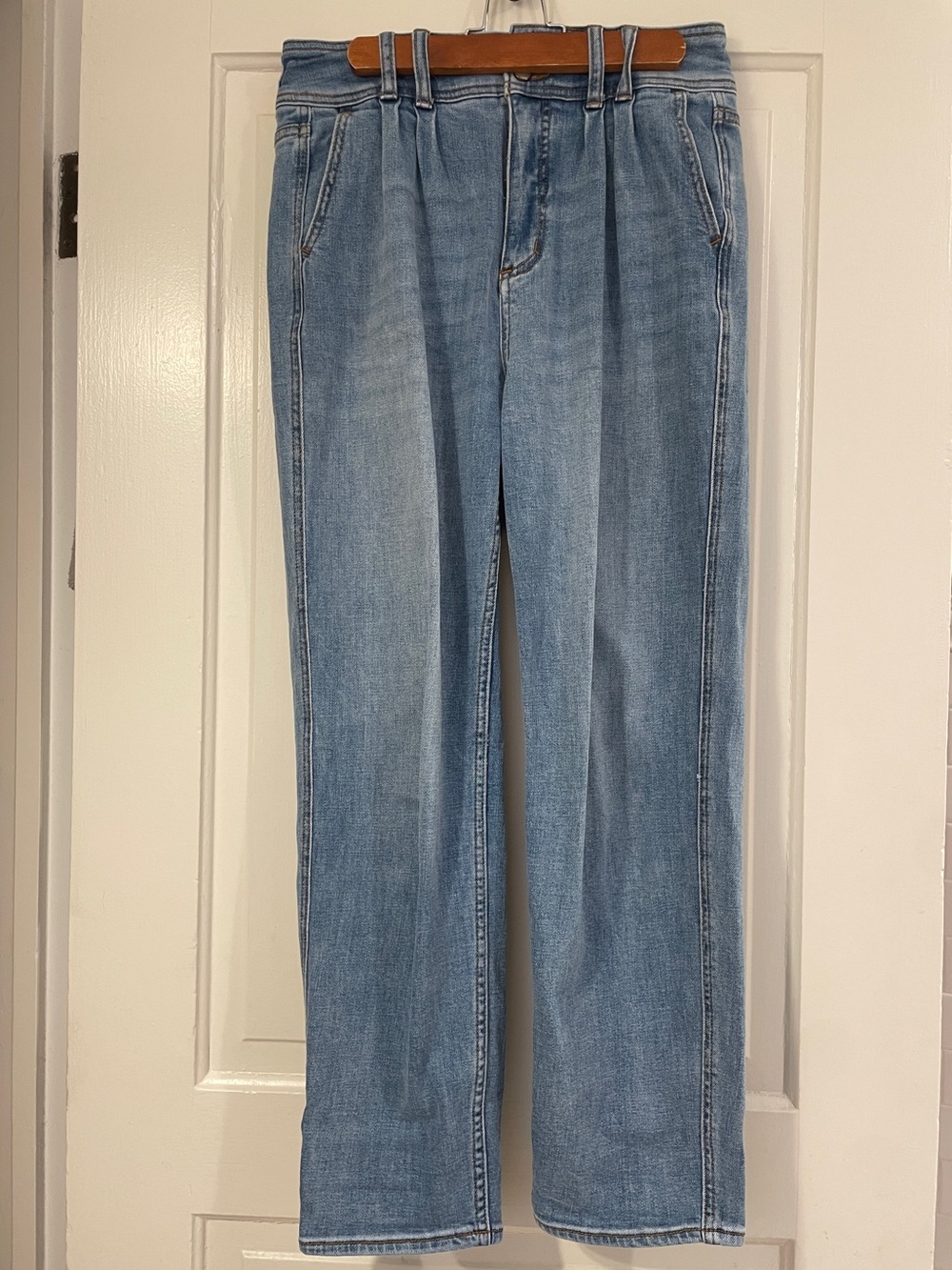 Pilcro by Anthropologie Light Blue Pleated Straight-Leg Jeans with Pearl Buttons